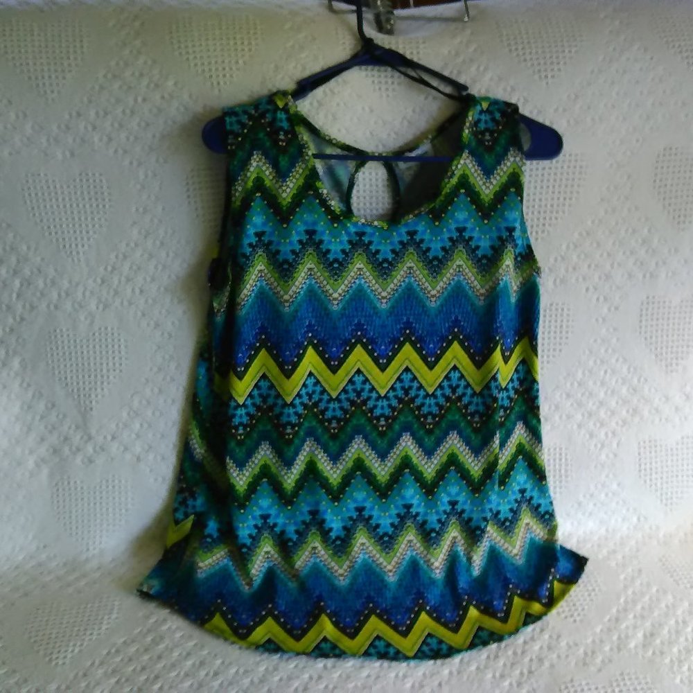 Zig-Zag pattern blue yellow and black print womans sleeveless top